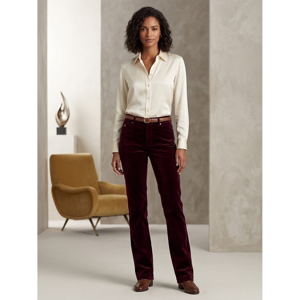 Lauren Ralph Lauren Burgundy Velvet Straight Leg Pants Womens 4 Wine Trousers